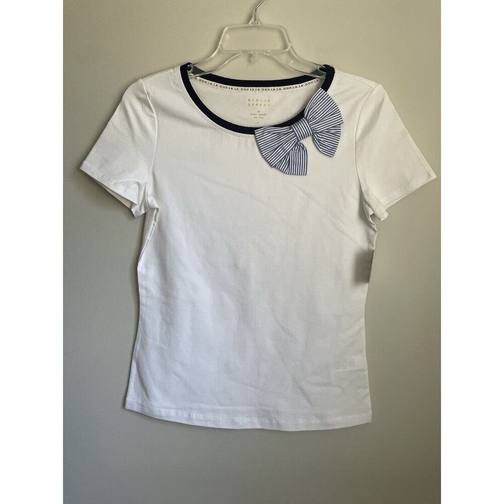 Broome Street Kate Spade White & Blue Striped Bow T-Shirt Size S Zooey Deschanel